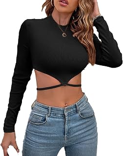 Silunma2021 Women Pullover Casual Tunic Long Sleeves Lace Up Knitting Round Neck Short Top Solid Color Comfort Sexy Top