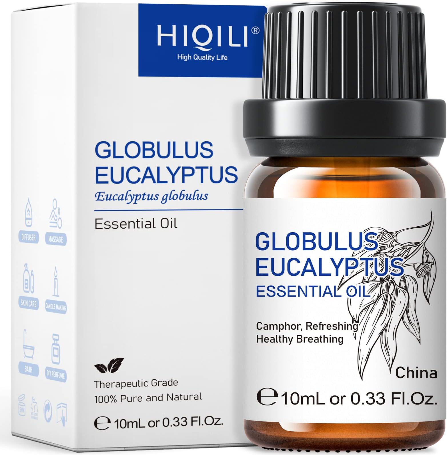 HIQILI 10ML Eucalyptus Essential Oil for Spray, Diffuser & Skin, 100% Pure Undiluted - 0.33 Fl Oz