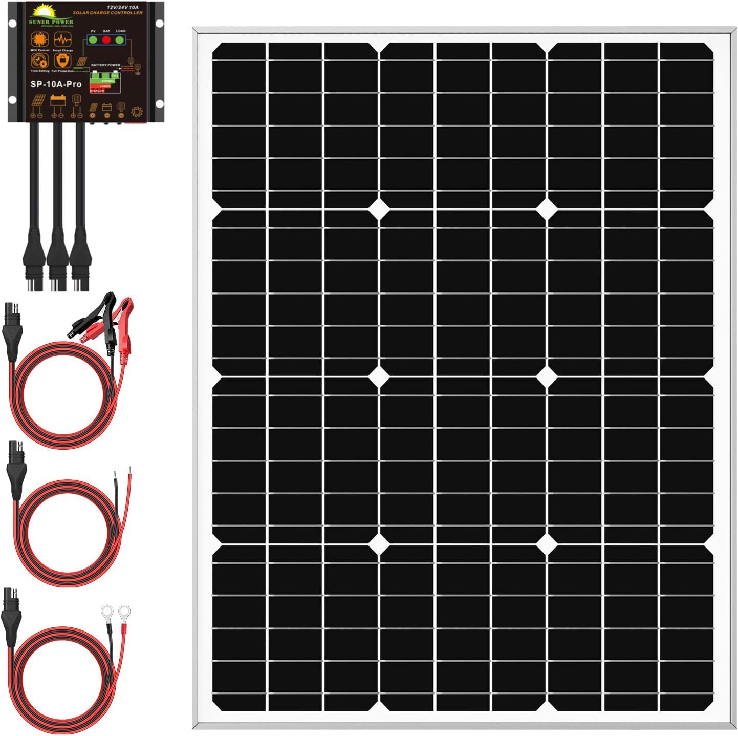 SUNER POWER 12V Solar Panel Kit 50W, High Efficiency 50 Watt Solar Panel + Waterproof 10A Charge Controller, Solar Battery Trickle Charger Maintainer for Boat Car RV Motorcycle Marine Automotive