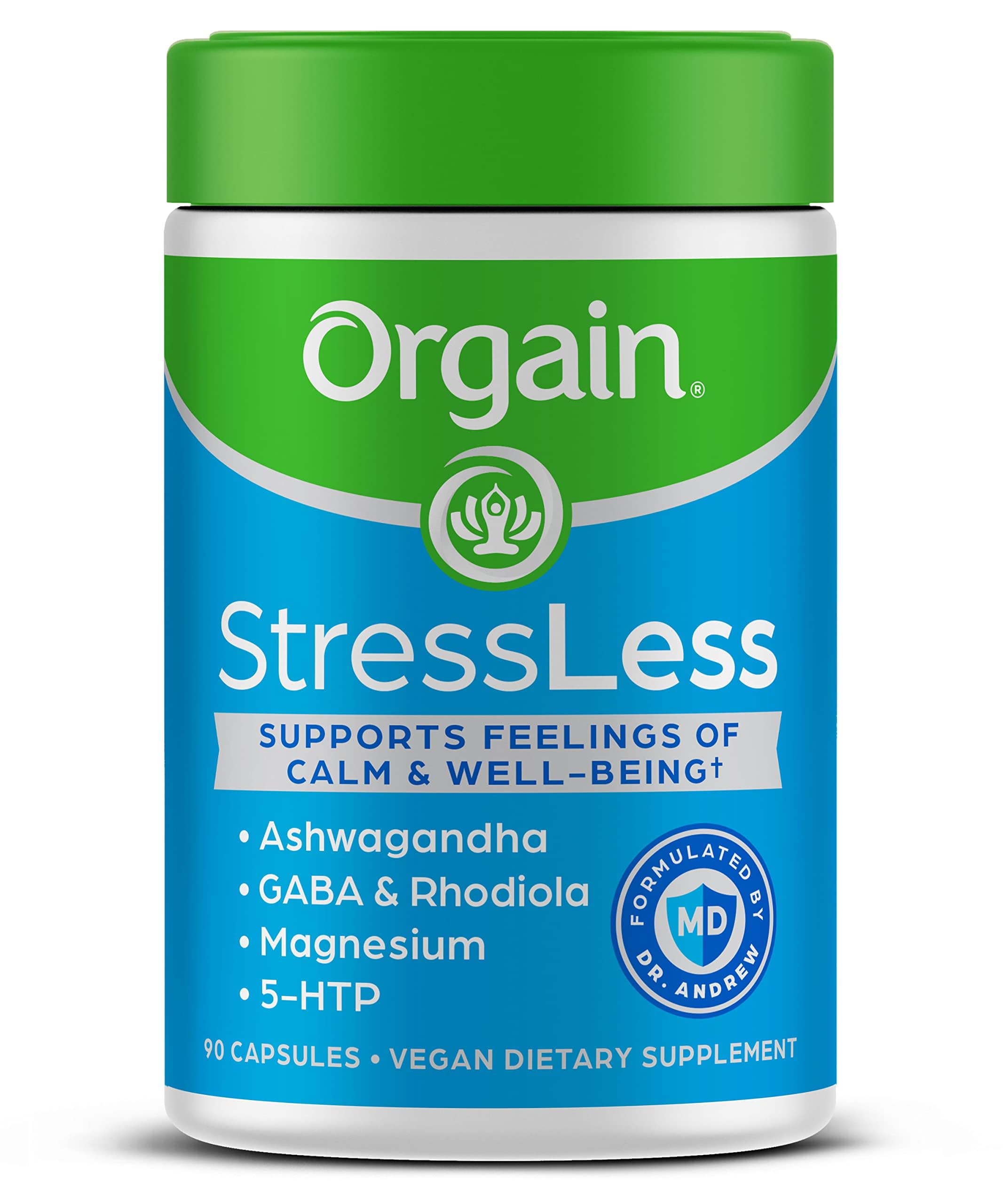 Orgain StressLess, Vegan Stress Relief Supplement - Blend of Magnesium, Lemon Balm, GABA, 5 HTP, Rhodiola Rosea, Ashwagandha and Chamomile, Gluten Free, Doctor Formulated - 90 Count, 30 Day Supply