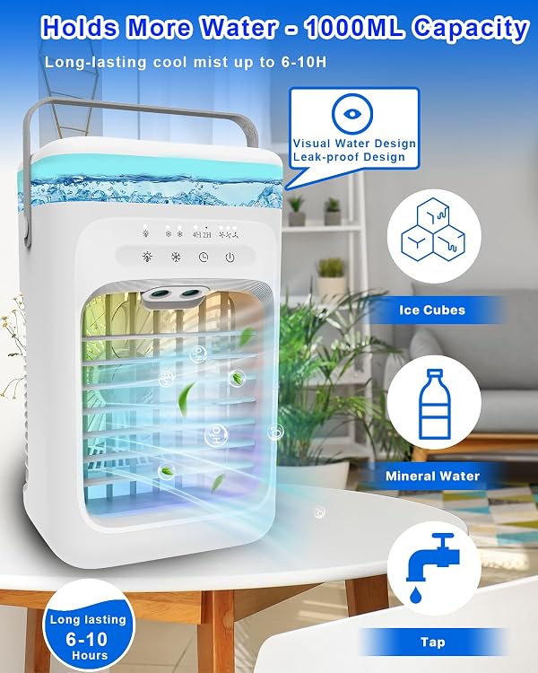 Portable Air Conditioners, 2025 Upgrade Evaporative Air Conditioner Air Cooler with 3 Wind Speeds, 2-4H Timer, 7-Color LED, Eco-Friendly Mini Cooling Fan for Home, Bedroom, Office, and Travel by Vatony - Image 6