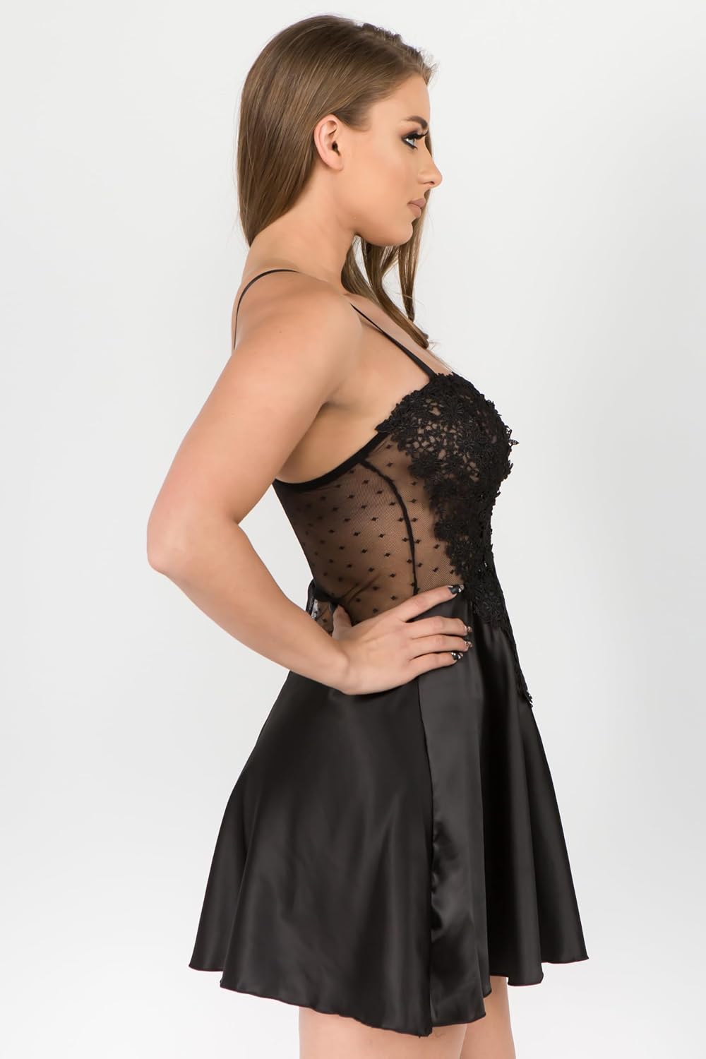 Black Satin Chemise Lingerie with Sheer Lace Bodice and Adjustable Straps – Elegant Nightwear Slip Dress S-XL