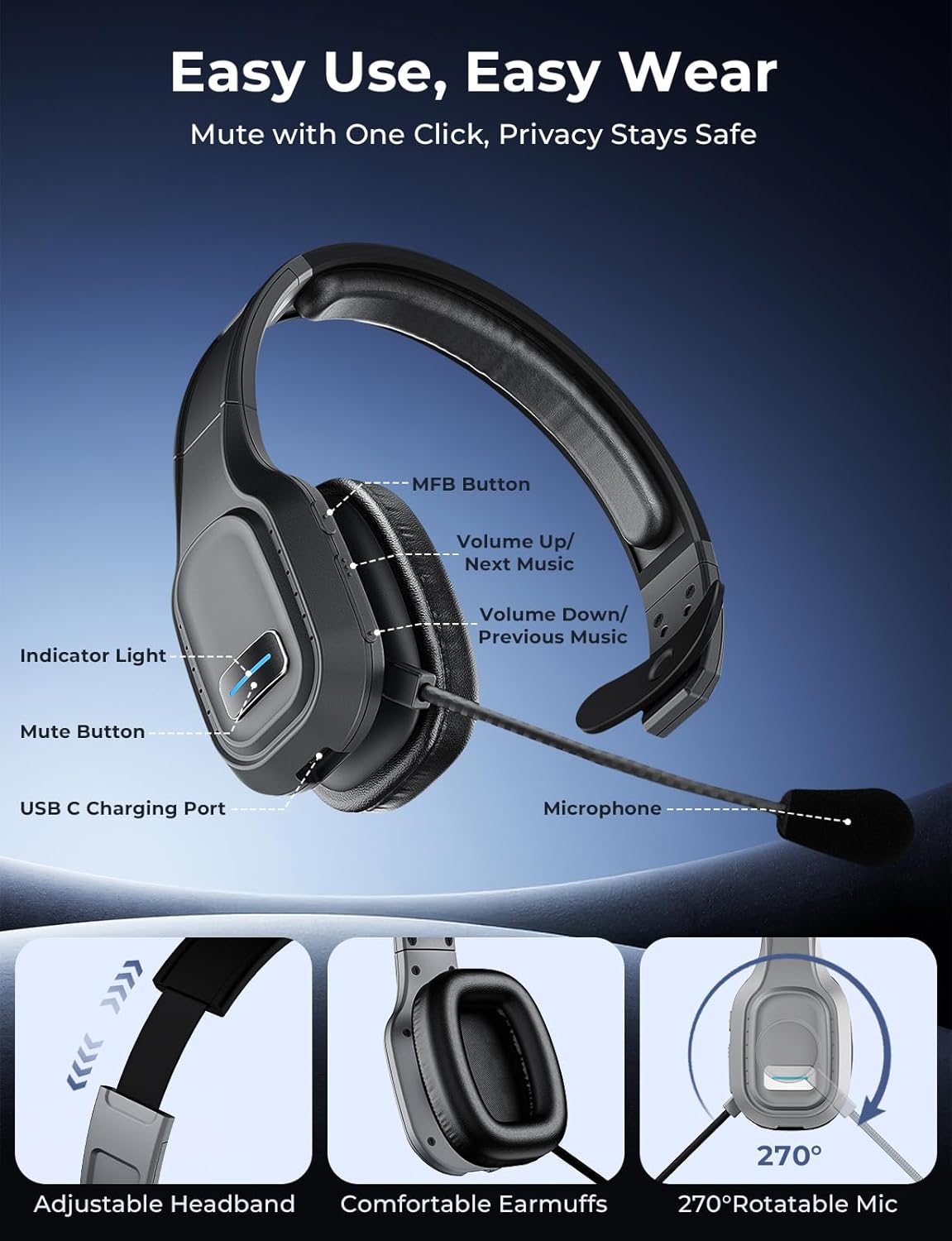 Bluetooth Headset, 60Hrs Working Time with Noise Canceling, Trucker Wireless Headset with Mic & Mute, Voice Control, Bluetooth Headphones Multipoint for Truck Driver, Office, CallCenter, Phone/PC