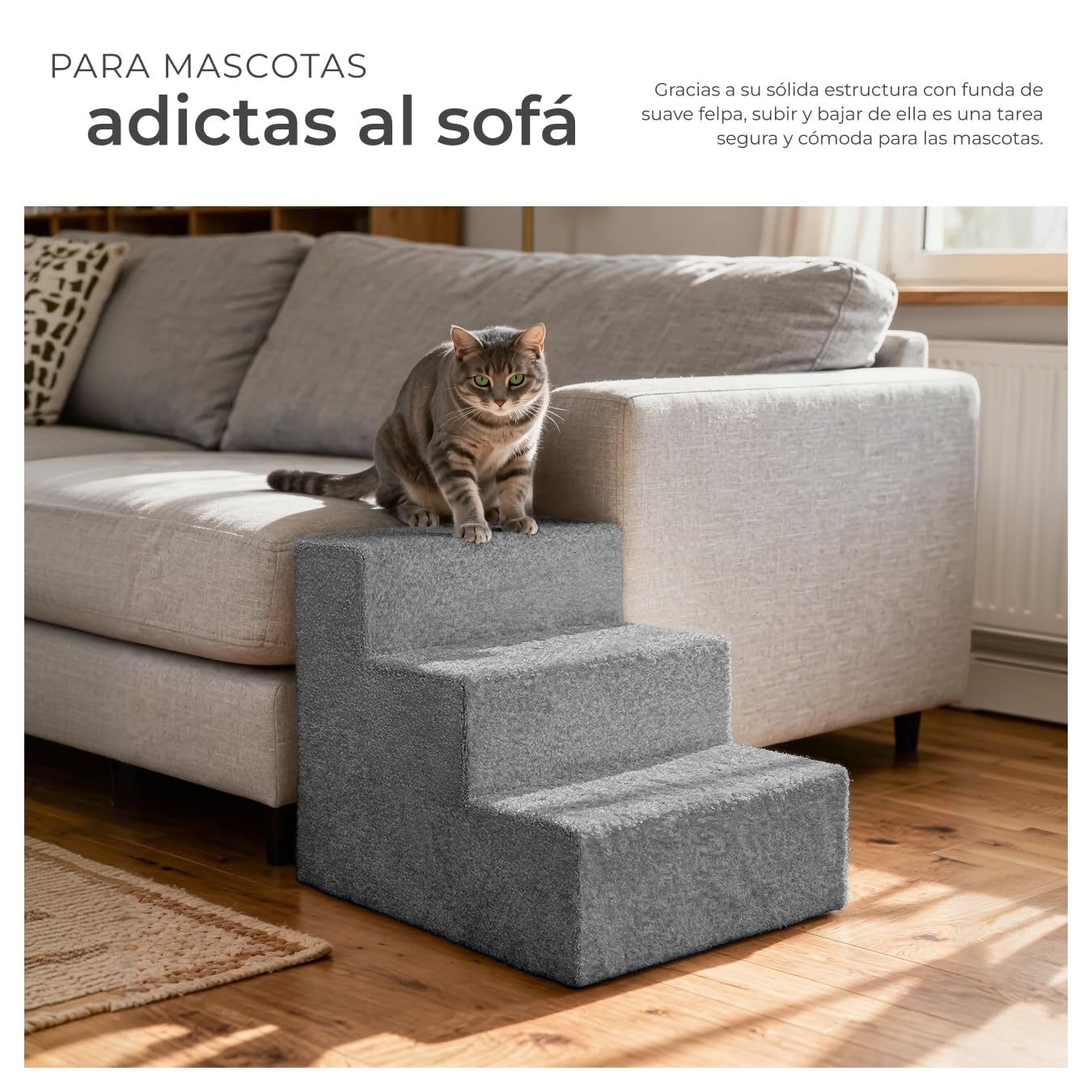 tectake® Escalera para Mascotas Muy Estable y Ligera 34,5 cm, Escalera para Perros y Gatos, Escalera Perro Cama, Cubierta Súper Suave y Antideslizante, Materiales Robustos para Durabilidad - Gris