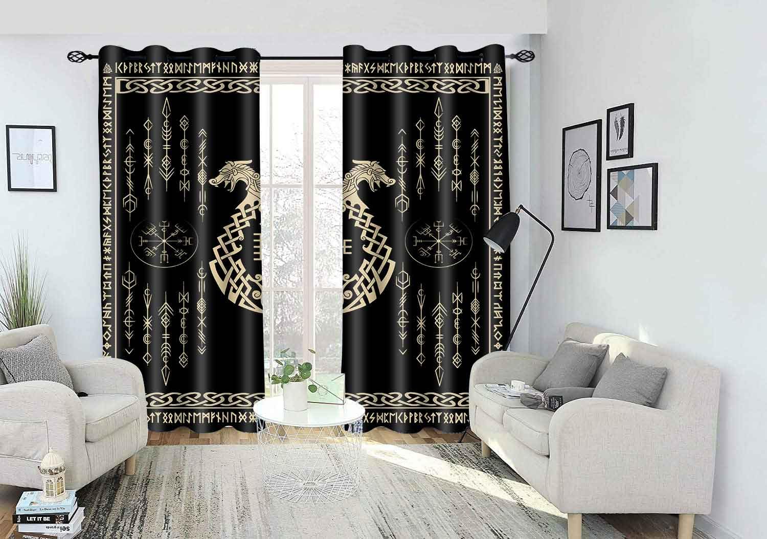 Lot de 2 rideaux occultants à isolation thermique avec imprimé nordique Vikings et symboles Vegvsir pour salon, chambre à coucher, 132,1 x 160 cm, CLZYSP545