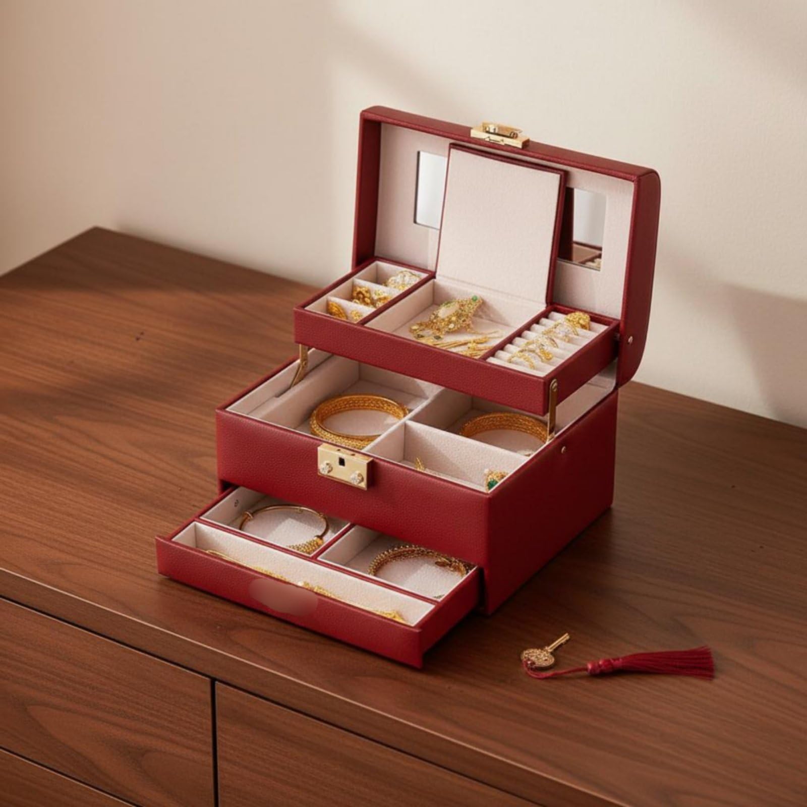 Schmuckkoffer Schmuckkästchen Schmuckbox Schmuckschatulle mit Herzschloss aus PU Und Weichem Samtfutter Mehrstöckig mit Fächern Ringen Und Ketten