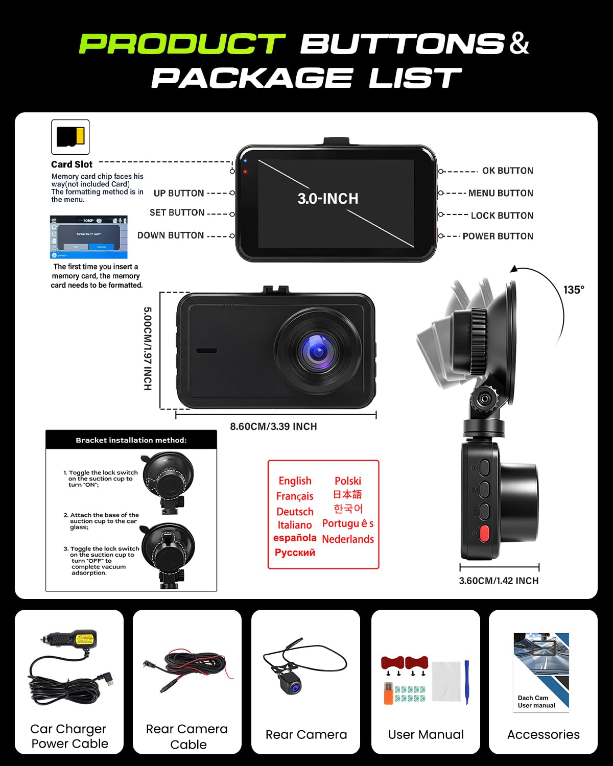 Inefala Dash Cam 4K Fronte Retro WiFi, 64GB, Schermo 3 Pollici