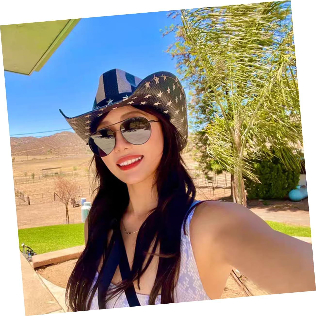 Classic Western Cowgirl Hat Straw Cowboy Hat for Men Women Outdoor Festival USA Party Headwear with American Flag Design Vintage Style Black