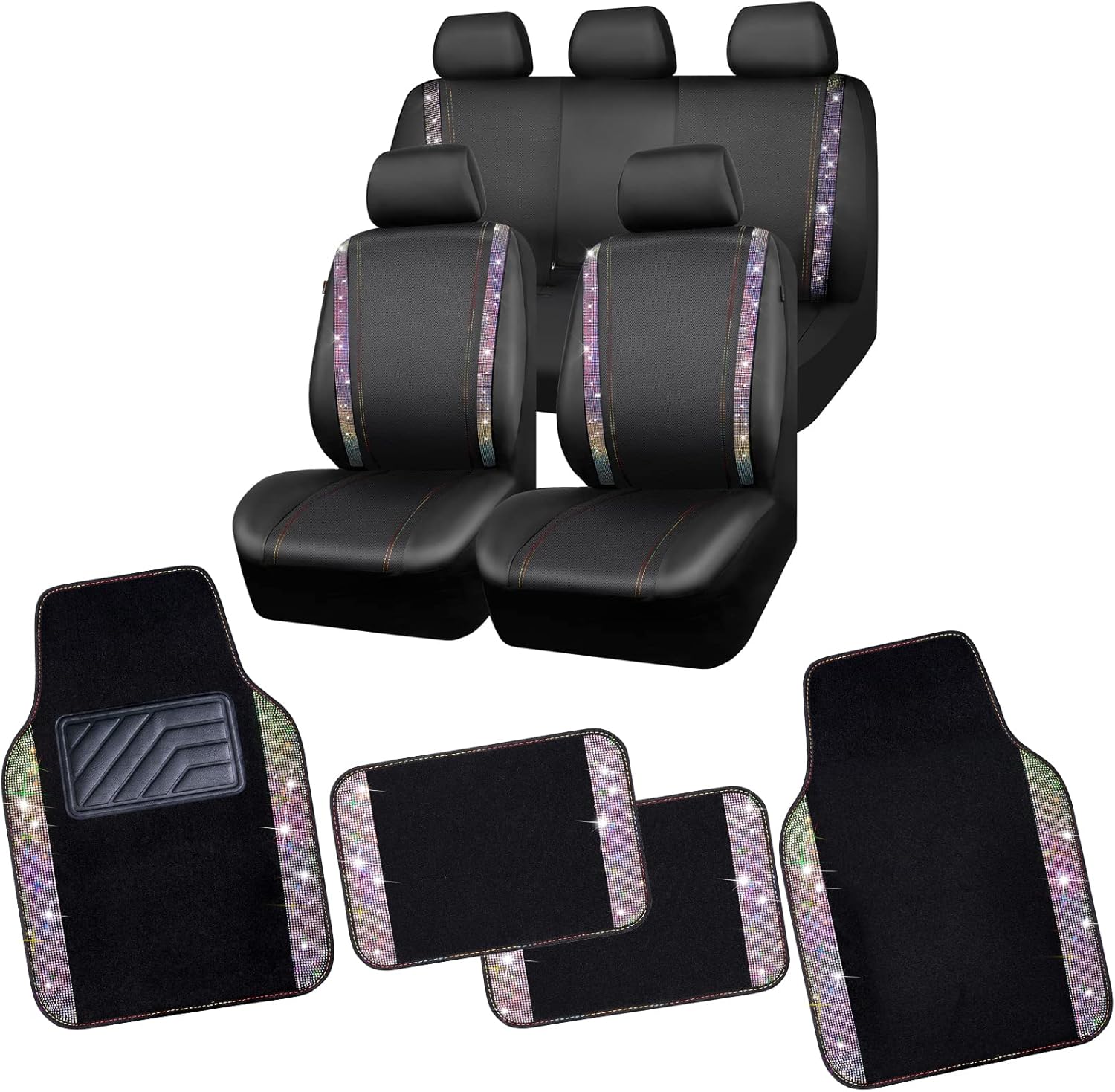 CAR PASS Bling Car Seat Covers Full Set, Shining Rhinestone Diamond Waterproof Faux Leather, Rear with Zipper, Bling Rhinestones Diamond Car Floor Mat, Crystal Sparkly Shining Glitter Carpet, Purple