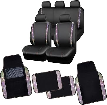 CAR PASS Bling Car Seat Covers Full Set, Shining Rhinestone Diamond Waterproof Faux Leather, Rear with Zipper, Bling Rhinestones Diamond Car Floor Mat, Crystal Sparkly Shining Glitter Carpet, Purple