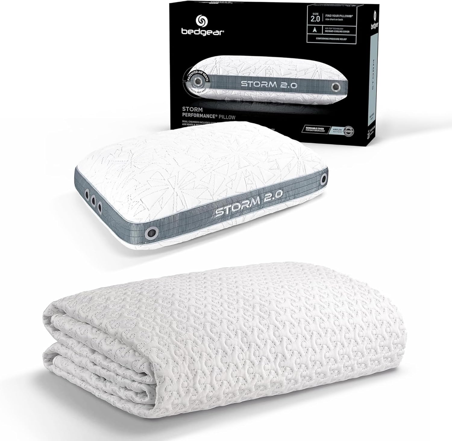 Bedgear Storm 2.0 Cooling Pillow & Ver-Tex Mattress Protector Bundle – Ideal for Hot Sleepers, All-Position Pillow with Washable Cover & Waterproof Cooling Mattress Cover