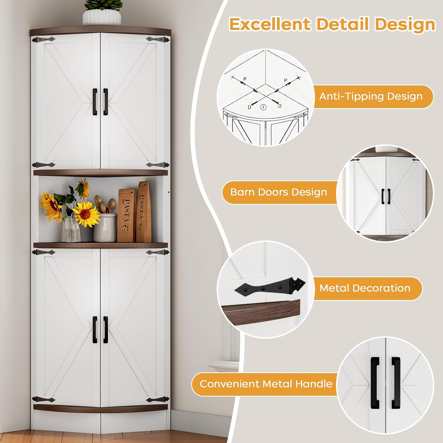 64.8" Farmhouse Corner Cabinet, Dining Room Tall Corner Cabinet with 4 Barn Doors and 5 Storage Shelves, Bar Storage Cabinets for Kitchen, Living Rooms, Laundry Room White