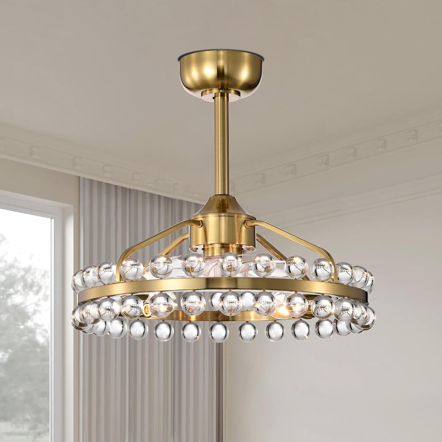 Maxax 21" Crystal Ceiling Fans with Lights and Remote,Modern Caged Ceiling Fan with Light,Yellow Bronze Flush Mount Ceiling Fan with Reversible 7 Blades 6 Speeds for Bedroom Dining Room Kitchen