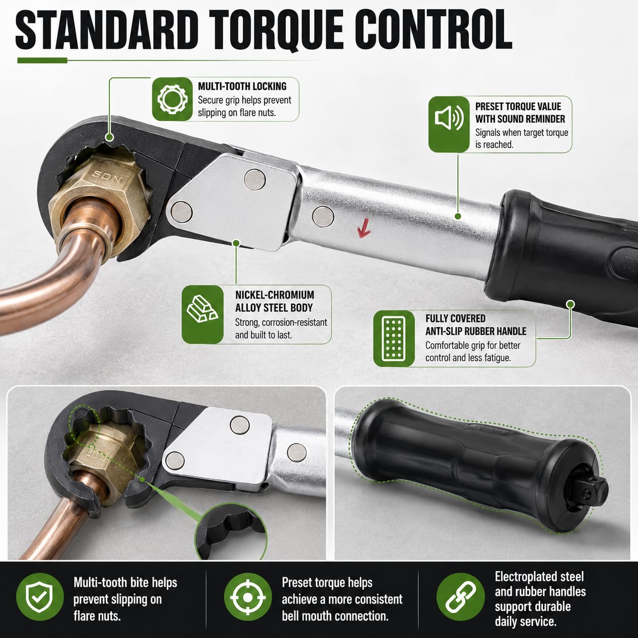 Kit de llave dinamométrica de trinquete, llave de boca de campana con tapa de cobre ajustable de 18-75 Nm para aire acondicionado de refrigeración HVAC de tubo de cobre de 1/4", 3/8", 1/2", 5/8"