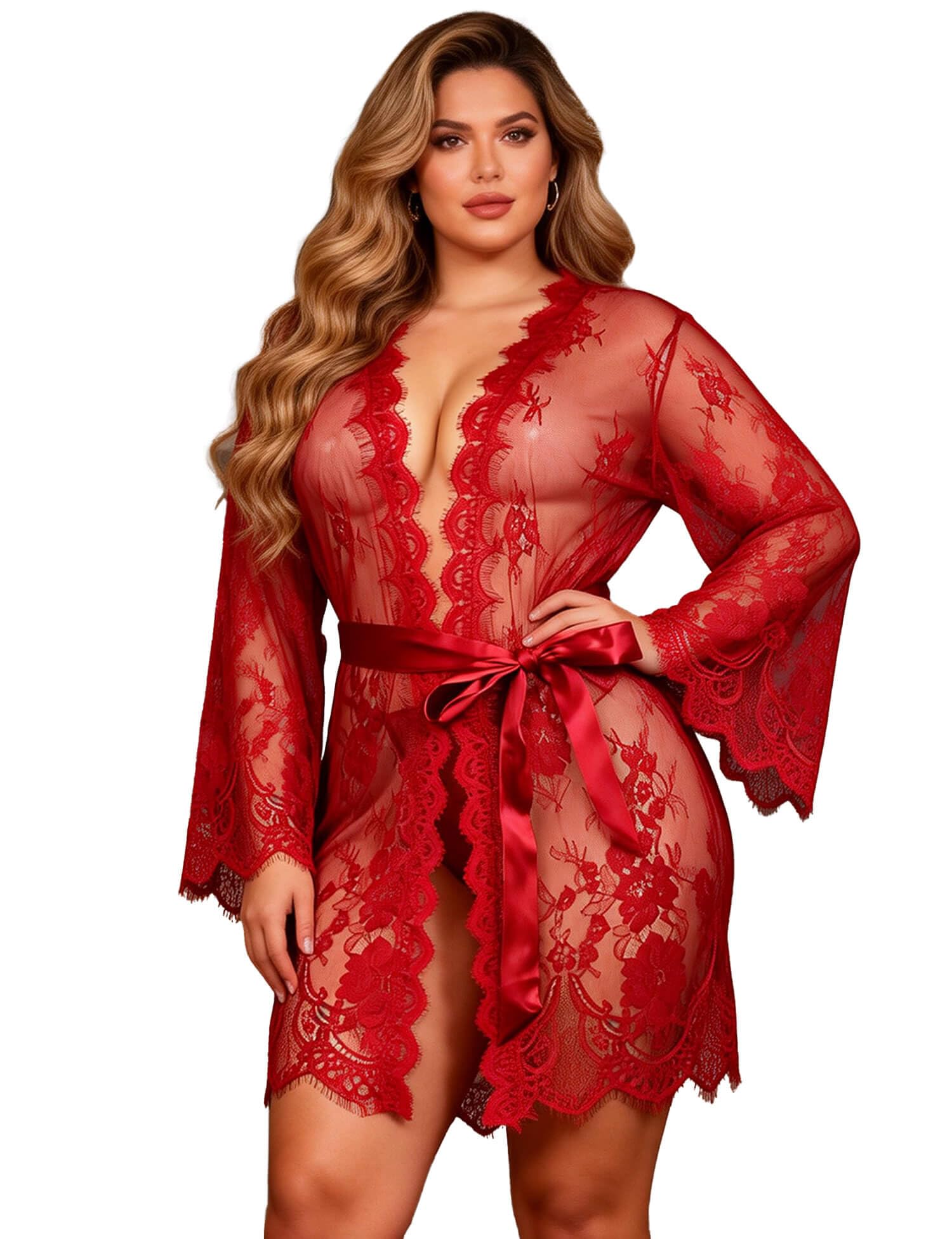 ohyeahlady Vestaglia Donna in Pizzo con Cintura Scolla V G-String Camicia da Notte Pigiama Hot Corta Grande Size Floreale Estiva Kimono Babydoll