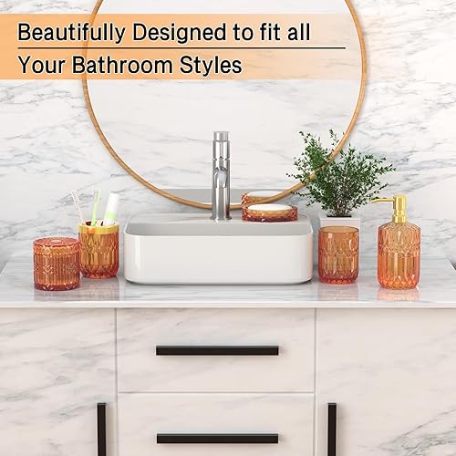 Miniatura 3 de Juego de 5 accesorios de baño naranja de alta calidad, moderno organizador de tocador de cristal para decoración de baño, dispensador de jabón de
