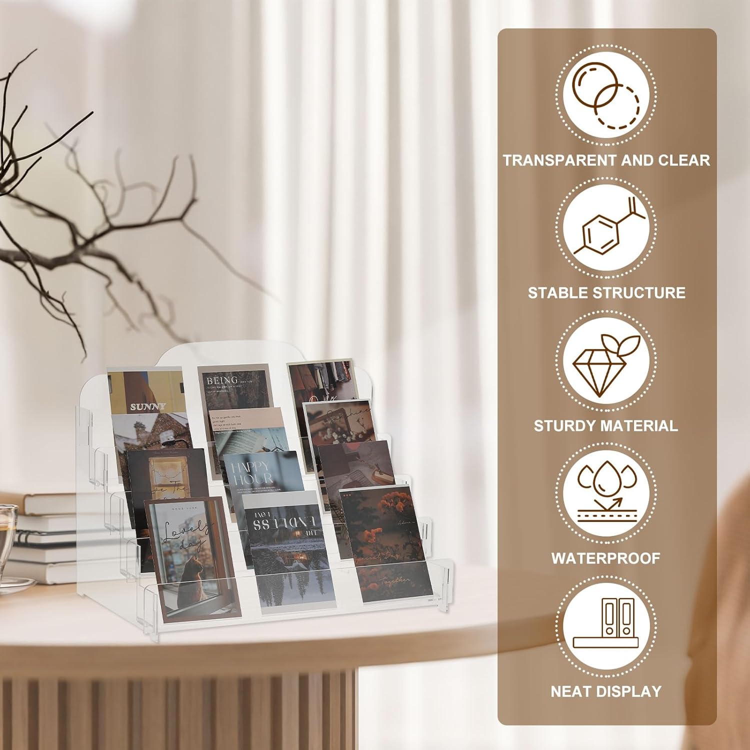 PATIKIL 4 Tier Clear Greeting Card Display Stand, Acrylic Sticker Display Stand Portable Postcard Rack Holder Organizer for Envelopes Photo Desk Book Stamp, Clear