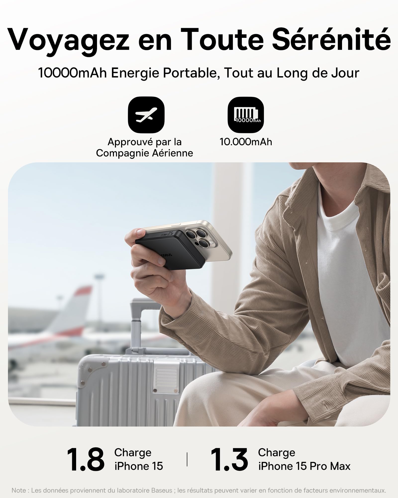 Baseus Magsafe Powerbank, Certifié Qi2 Batterie Externe Magnétique 10000mAh, 15W Power Bank sans Fil, Powerbank USB-C PD 22.5W, Batterie Externe pour iPhone 17/16/15/14/13/12, Noir