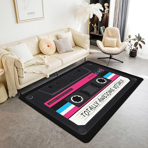 Erosebridal Alfombra de fiesta de los años 80 de 3 x 5 pies para mesita de noche, alfombra de cassette de audio para niños, alfombra temática de
