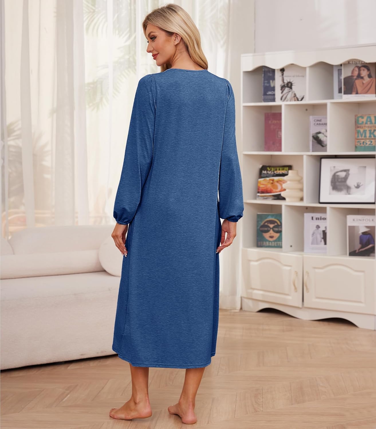 Women Long Sleeve Nightgowns Pleated Scooped Neck Sleep Shirts Casual Nightshirts Sleepwear with Pockets - Image 4