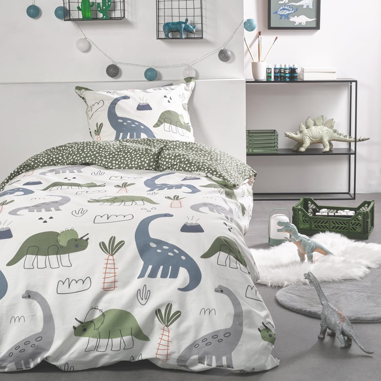 Familando Dino Bettwäsche Set 2-teilig 135x200 80x80 cm – Kinderbettwäsche Dinosaurier Triceratops Brachiosaurus Grün - 100% Baumwolle mit Wendemotiv – Atmungsaktiv & hautfreundlich - Öko-TEX