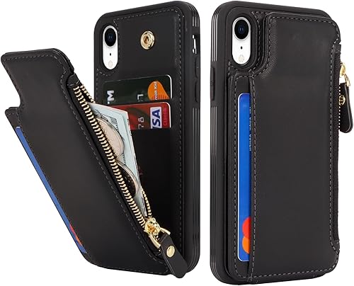 Miniatura 6 de Cavor Funda protectora para iPhone XR con tarjetero para iPhone Xr para mujeres y hombres, cierre magnético de cuero, bolsillo con cremallera