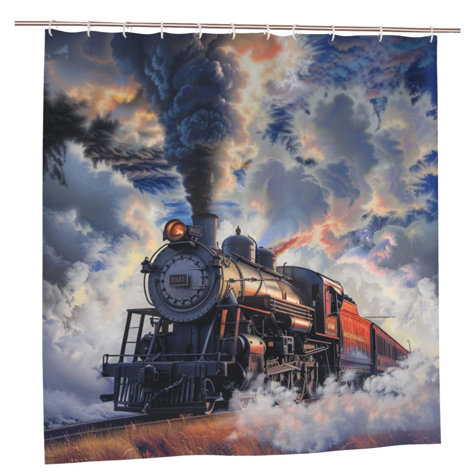 BWWHCCTI Steam Train Clouds Printed Shower Curtain With 12 Plastic Hooks Opaque Quick Drying Waterproof Shower Curtains Sets For Bathroom 183x183 CM