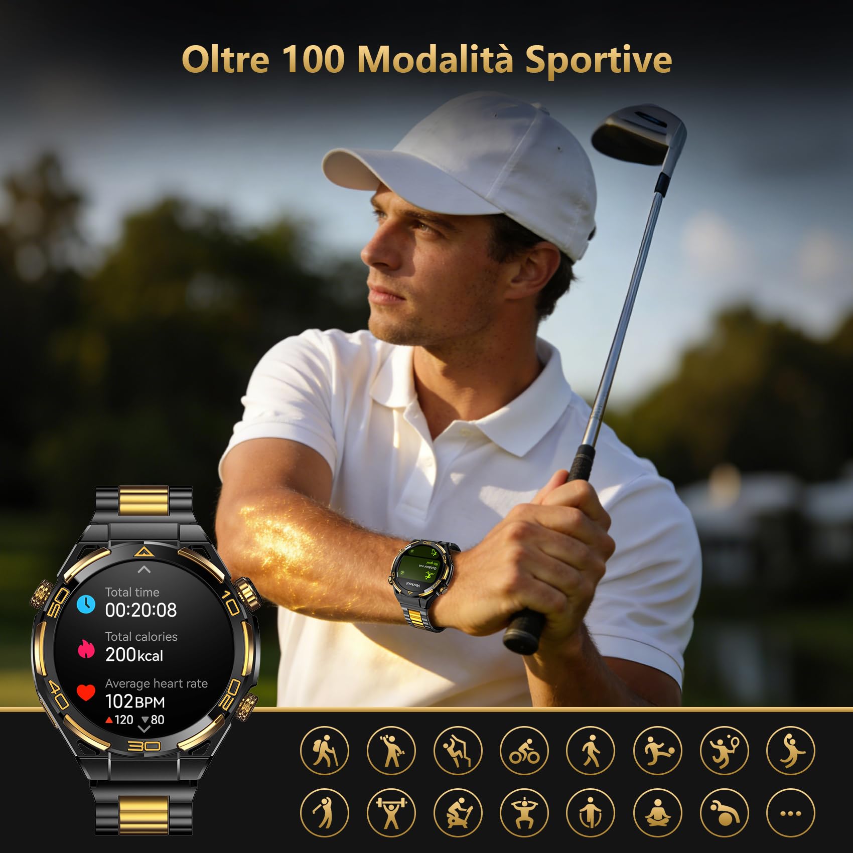 IOWODO Smartwatch Uomo Business, Display AMOLED 1.43", Batteria 900mAh, 100 Giorni Standby, Orologio Intelligente Premium con CHATGPT, GPS e Monitoraggio Salute per Android iOS,2 Cinturini