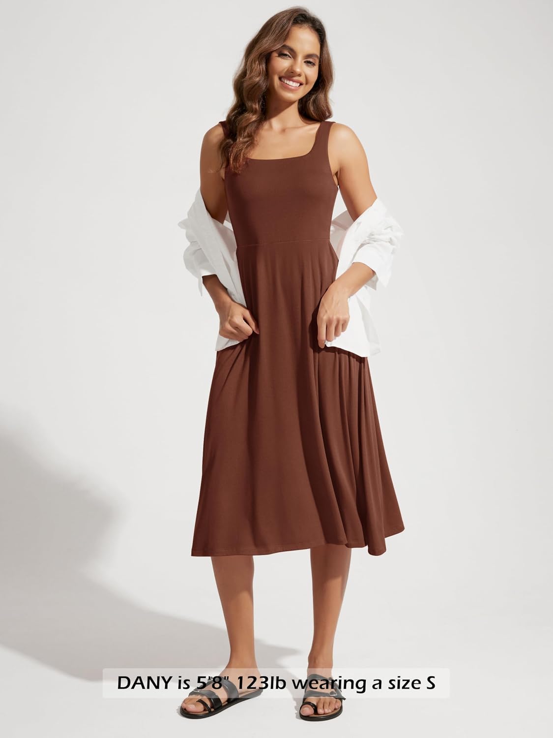 ODODOS Square Neck Midi Dress with Pockets for Women Summer Casual Sleeveless Sundress Flare Tank Dress