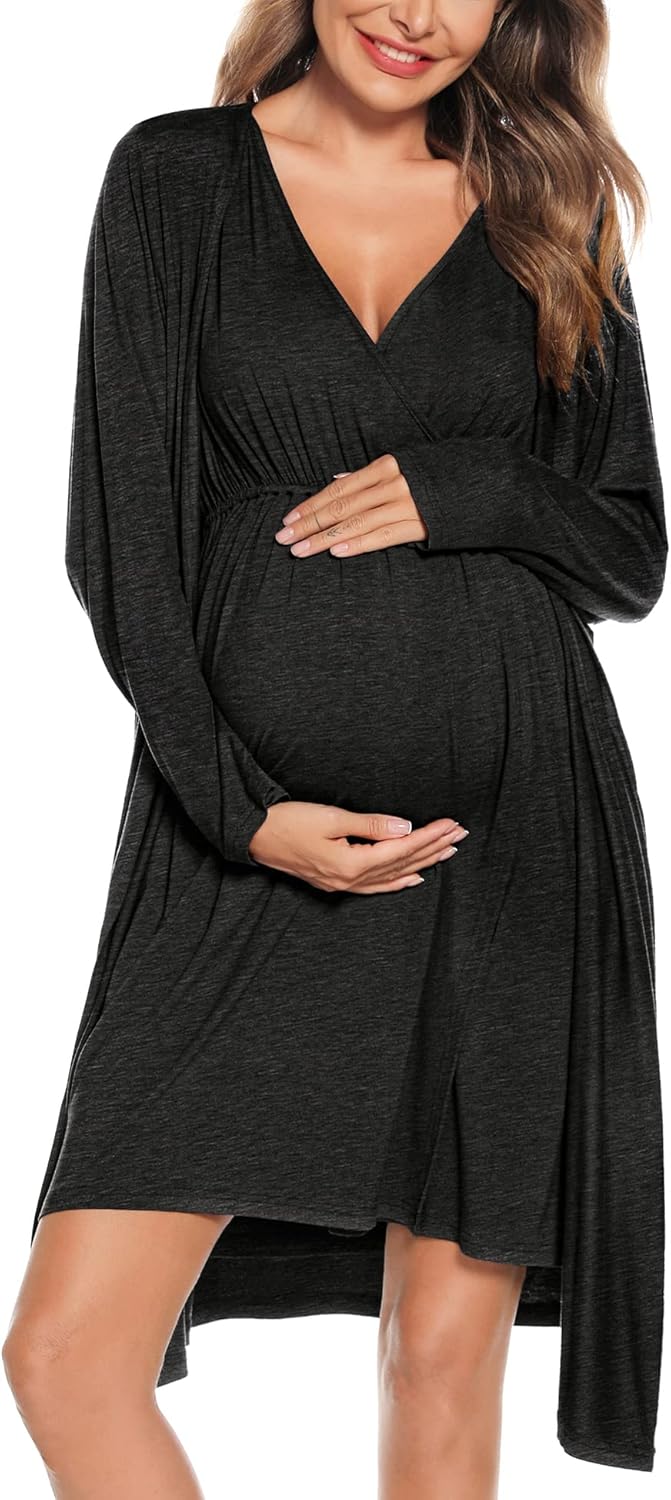 SWOMOG Women Maternity Nursing Gown and Robe Set 3 in 1 Labor Delivery Nursing Nightgown for Breastfeeding Hospital Bathrobe