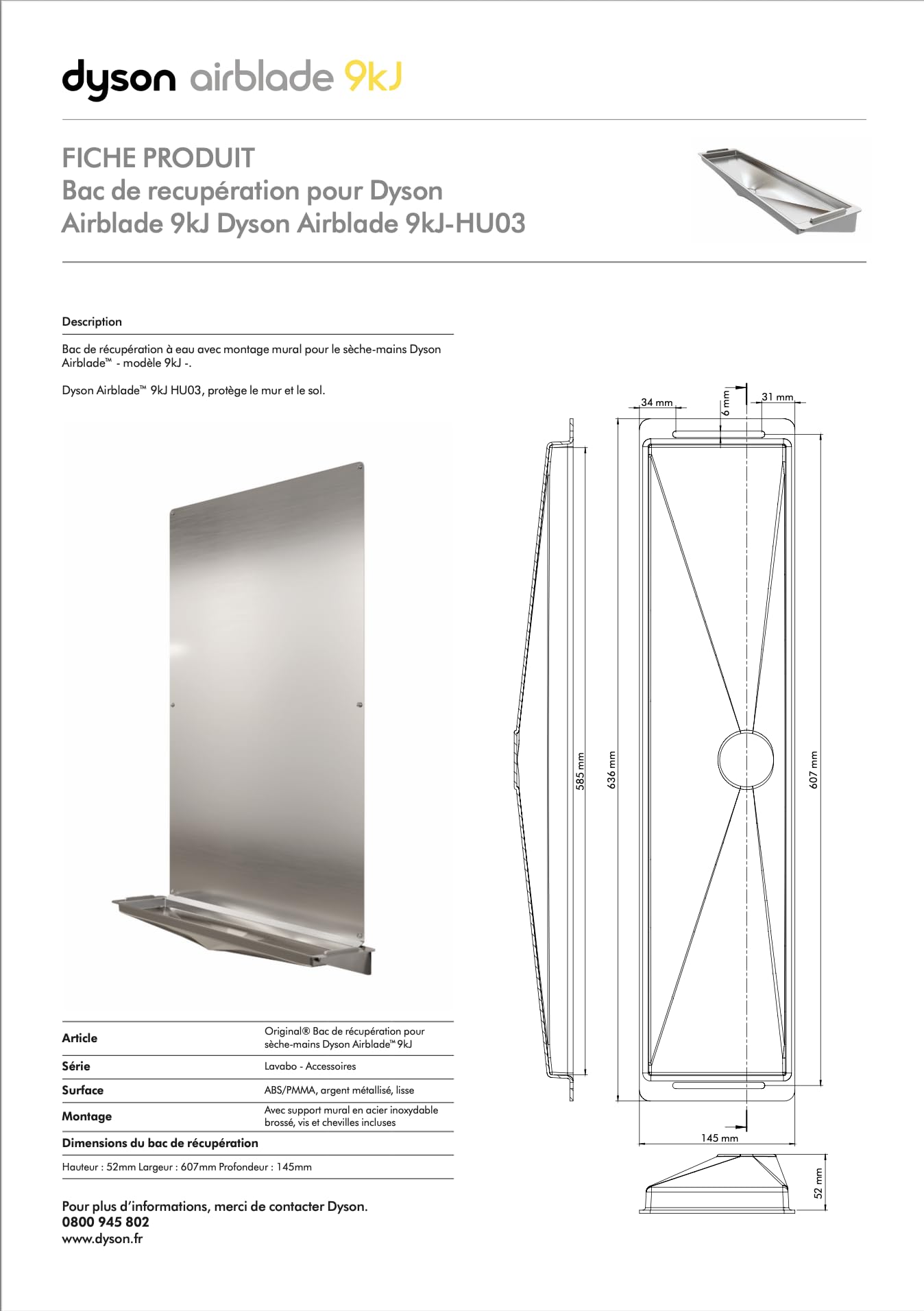 DripTray™ (bac d'égouttement) pour sèche-mains Dyson Airblade™ 9kJ