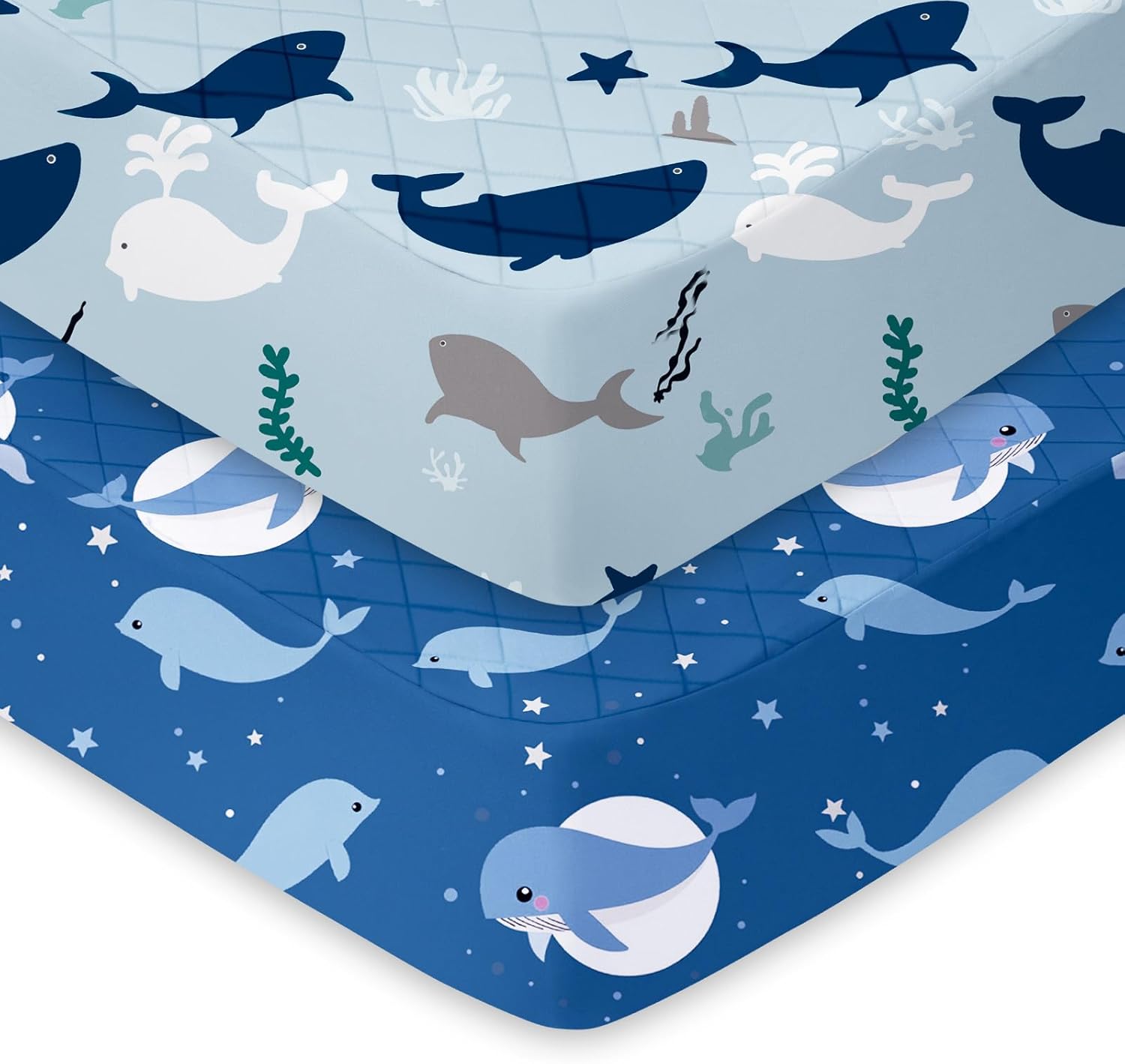 Light Quilted Crib Sheets 2 Pack, Soft Fitted Sheets for Standard Crib and Toddler Mattresses, Ocean Whale