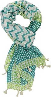 Teal & White Chevron Lightweight Scarf With Tassel Trim