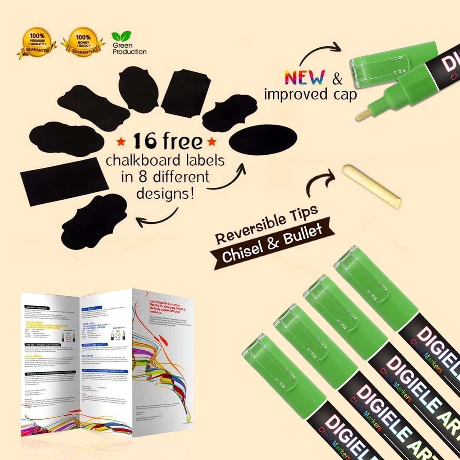 DIGIELE Green Chalk Marker Pens, 3mm Green Liquid Pen Markers, Dry or Wet Wipe Erase - Image 3