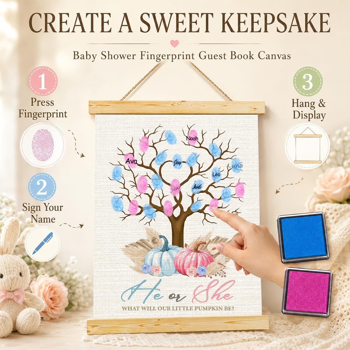Pumpkin Gender Reveal Fingerprint Tree Decor, Fall Baby Shower Decoration | He or She Gender Reveal Canvas Guest Books Thumbprint Hanging Paintings, Autumn Baby Shower Party Supplies 15x12 Inch