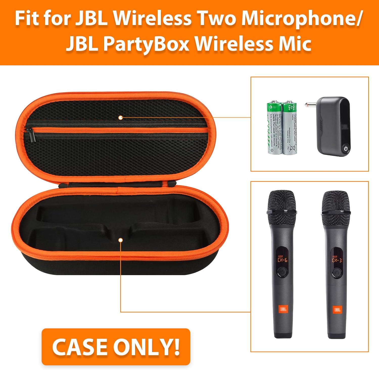 Wireless Microphone Case Compatible with JBL Wireless 2 Microphone System, Handheld Dual Mic Carrying Case, Travel Bag for Receiver, Batteries and Adapter, Karaoke - Orange (Box Only) - Image 2