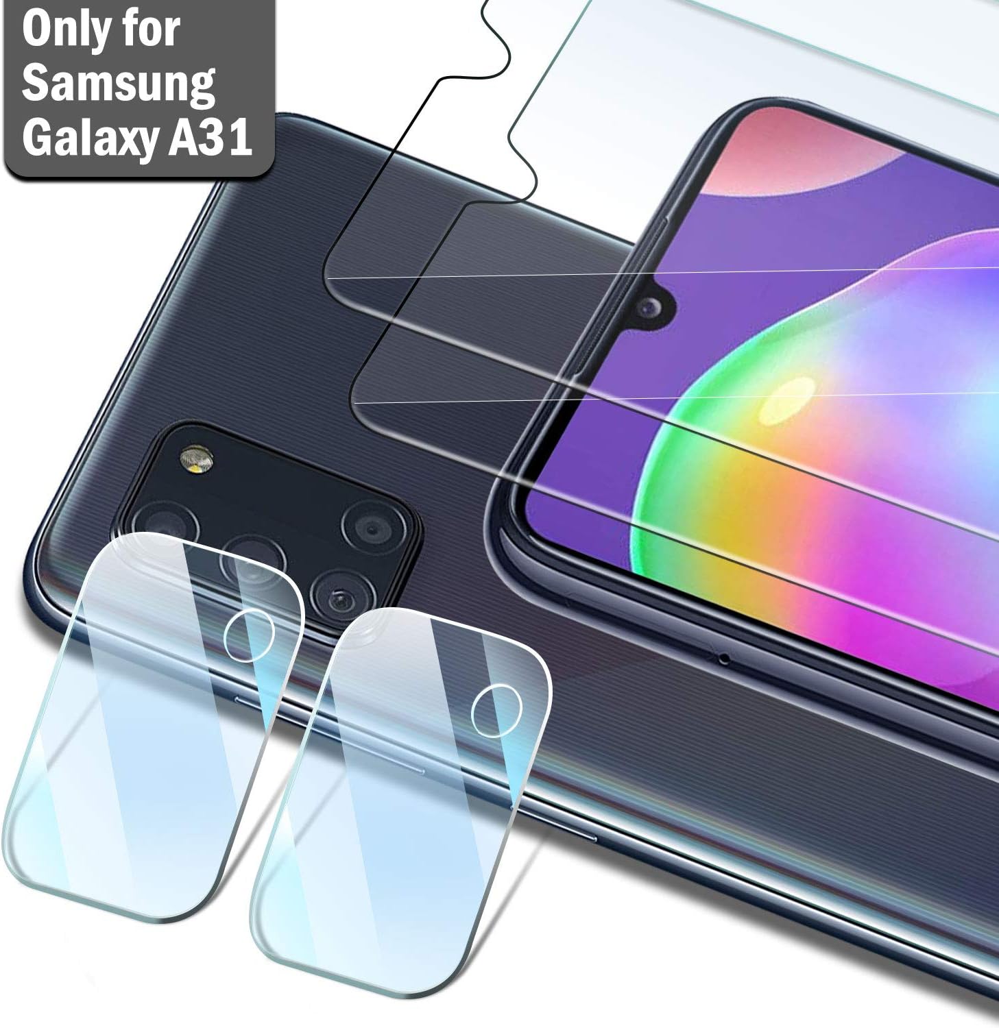 QHOHQ 2 Pack Screen Protector for Samsung Galaxy A31 with 2 Packs Camera Lens Protector, Tempered Glass Film, [9H Hardness] - HD - [Anti-Scratch]