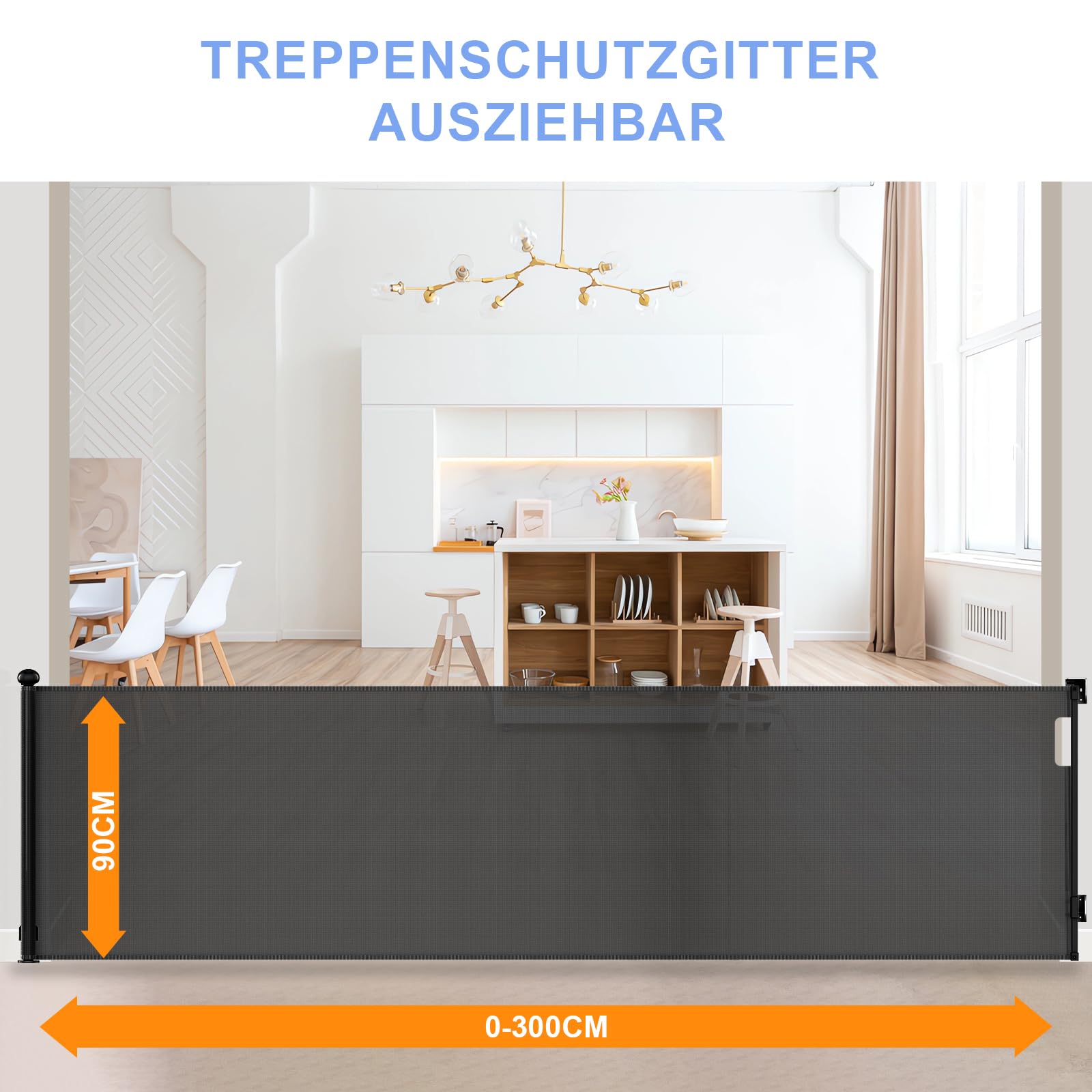 Rejilla protectora para puerta extensible de 300 cm, para bebés, 89 cm de alto, para bebés, extra ancha, para escaleras