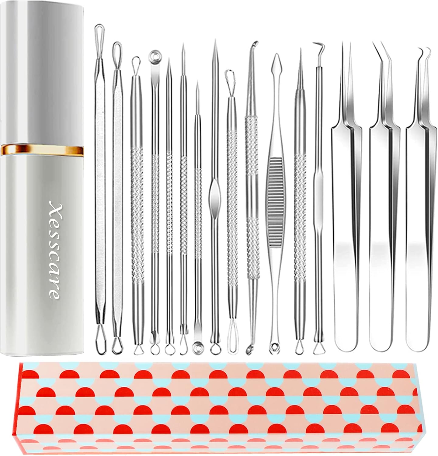 Xesscare Latest Pimple Popper Tool Kit, 16 Pcs Blackhead Remover Tool, Comedone Extractor Acne Removal Kit, Professional Whitehead Tweezers with Metal Case for Facial, Nose and Forehead (Silver)