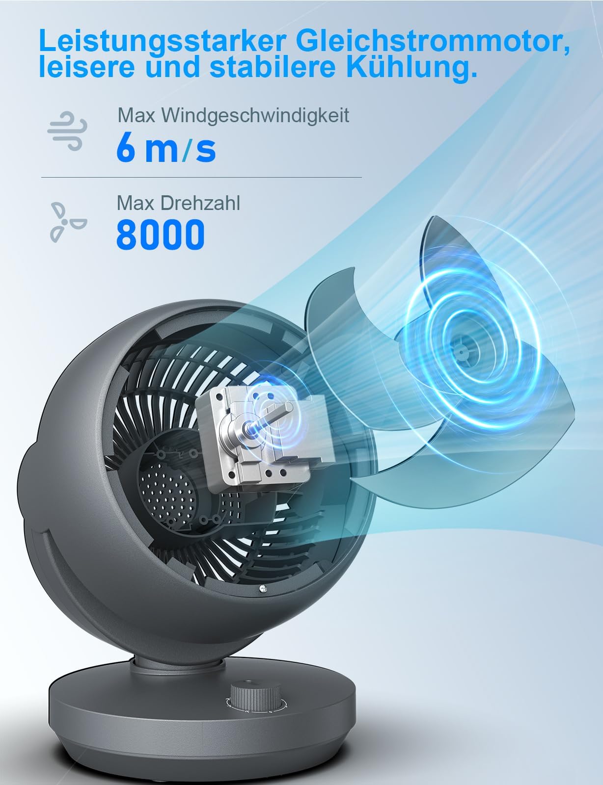 Ventilator Leise, 22dB Tischventilator mit Luftzirkulation, Leistungsstarken 3D Turbo Air Circulator, 3 Stufen & 100°/90° Verstellbarer Neigung, für Schlafzimmer, Büro und Wohnzimmer bis 21m², Schwarz