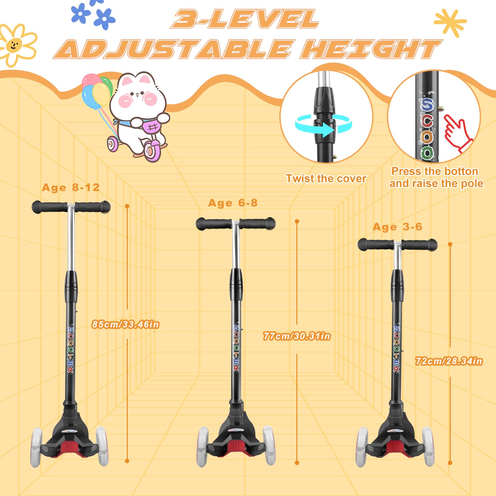 KORIMEFA Monopattino Bambino Monopattino 3 Ruote con Ruote Illuminate a LED Multicolore, Monopattini con Impugnatura Regolabile in Altezza per Bambini e Bambine Dai 3 ai 12 Anni