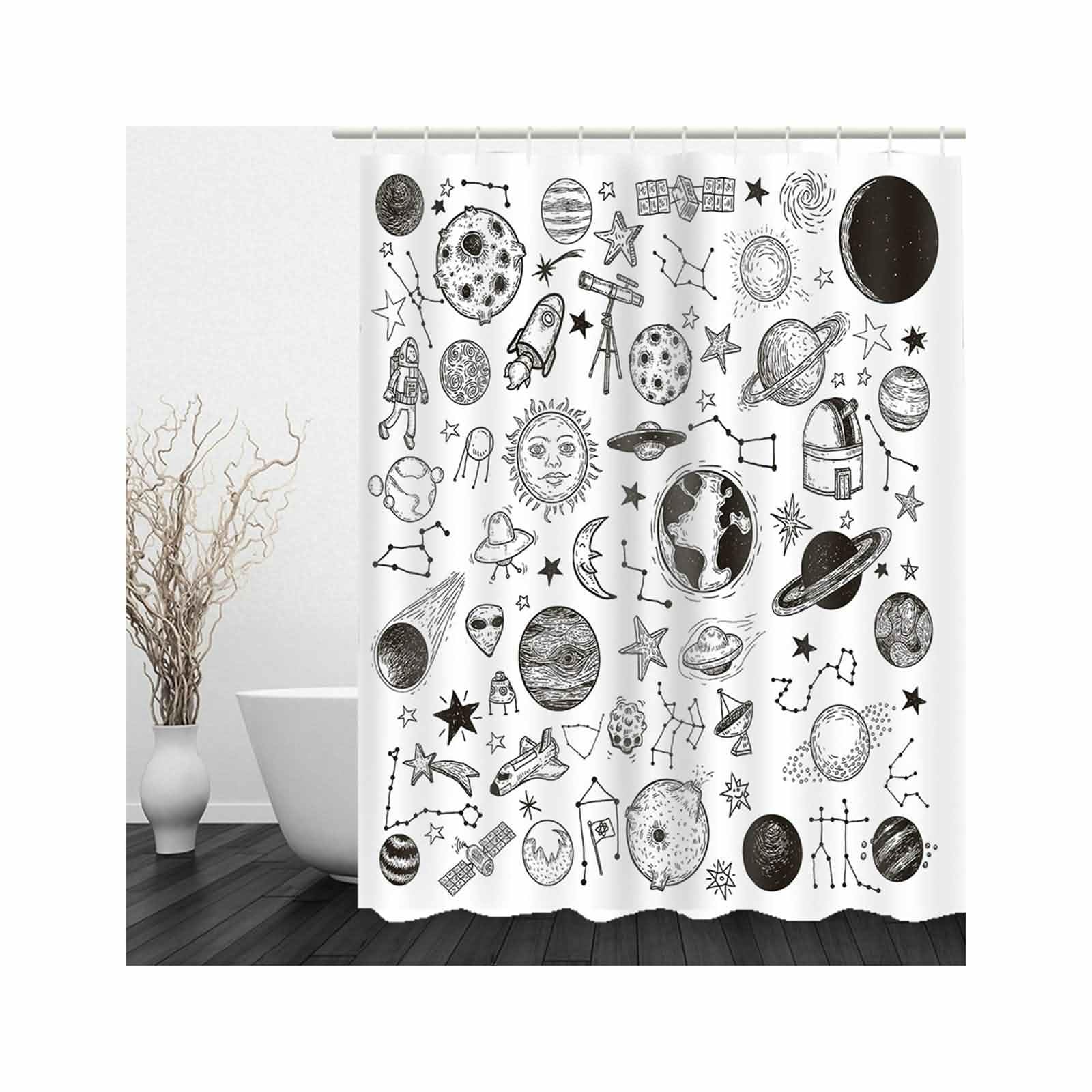 Rideau douche tissu cascade étoiles lune gris noir grand format 200x180 cm avec crochets