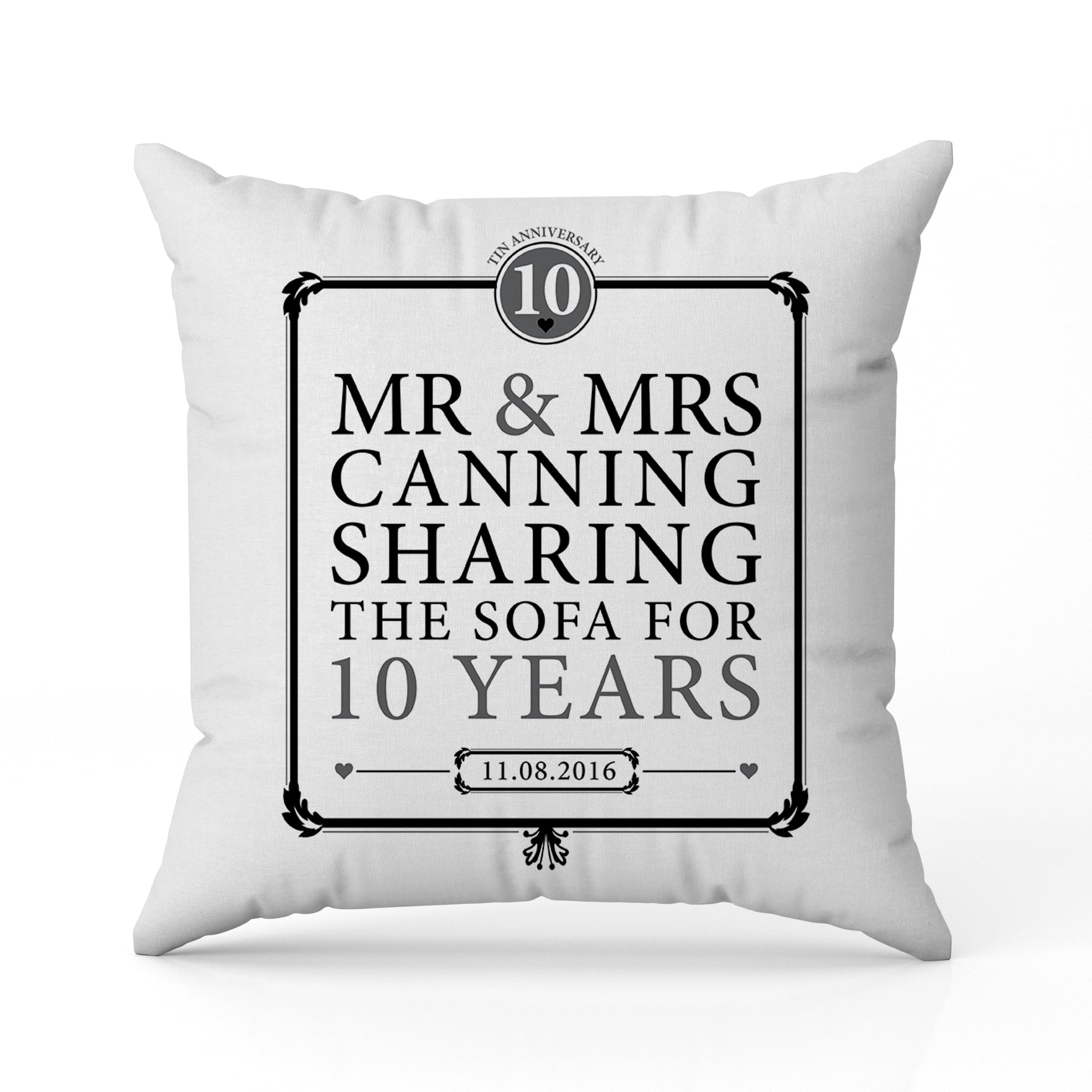 The Gift Experience Personalised 10th Anniversary Sharing The Sofa Pillow Cushion With Insert, Home Decor, Personalised Gifts, Tin