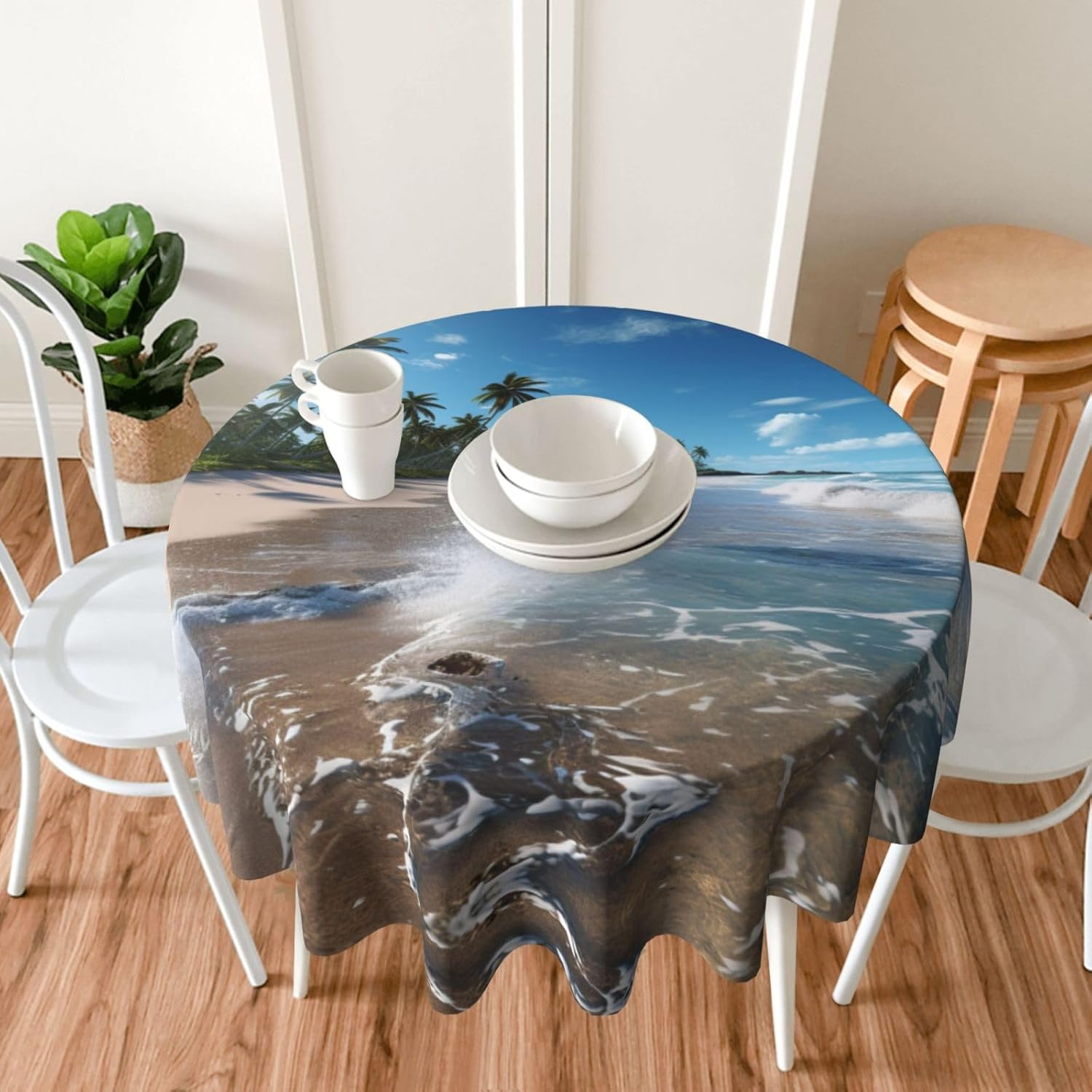 Water Rush to Tropical Beach 1 Print Wrinkle Free Dining Table Cover for Birthday Party Farmhouse Tablecloths Up to 60 x 60 Inches