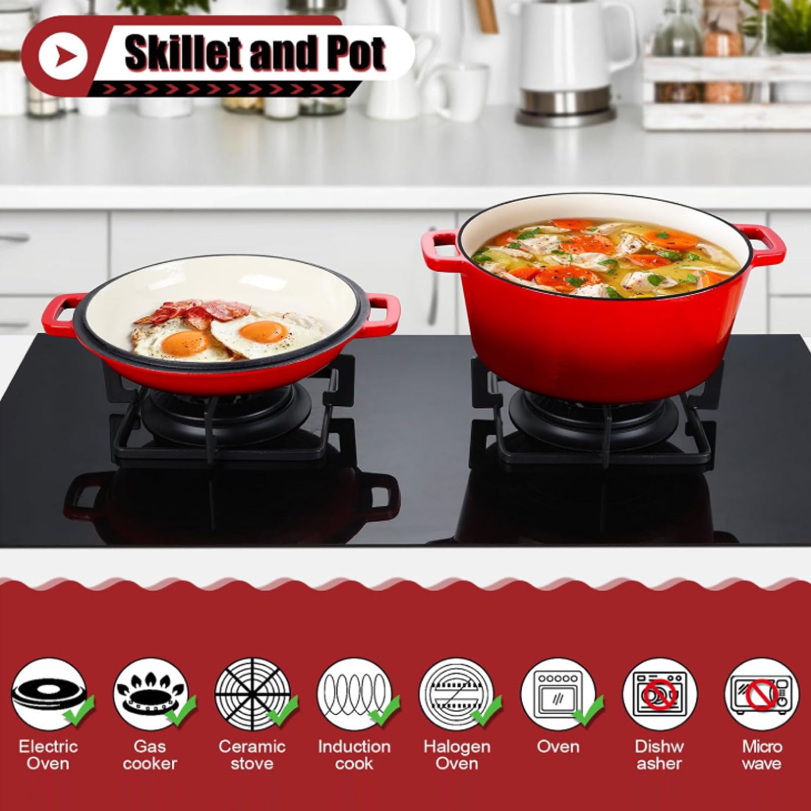 Asixxsix Forno Olandese in Ghisa 5QT, Pentola Rotonda 2 in 1 con Coperchio Padella Pentola Rotonda in Ghisa per Brasare Stufato Friggere Cottura a Fuoco Lento, Forno Sicuro Piano Cottura