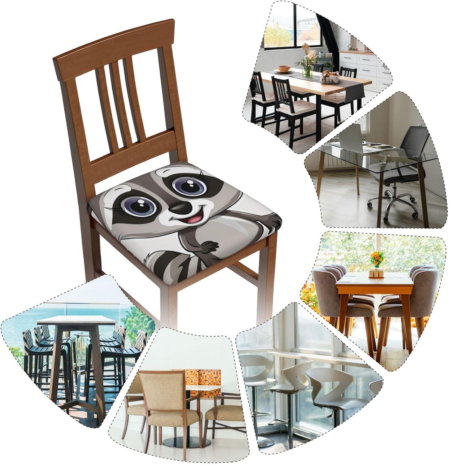 Cartoon Cute Raccoon Art Print Square Cushion Covers 6 Pcs Set Elastic Non-Slip Seat Cushion Slipcovers Pet Furniture Protectors for Chair, Sofa