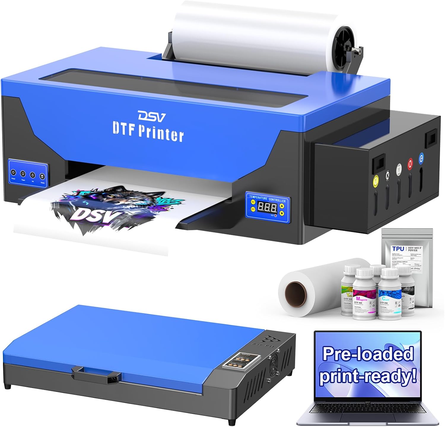 DSV DTF Printer A3 Roll L1800 Transfer Printing Machine,High-Speed Print for Fabrics,13” Wide DTF Bundles,White Ink Circulation & Auto-Cleaning, 2-Year Free Ink