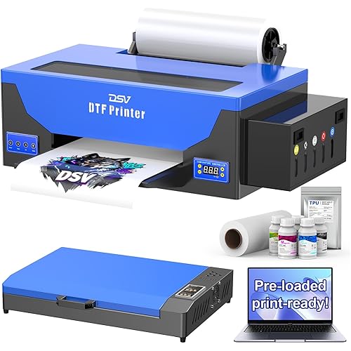 DSV DTF Printer A3 Roll L1800 Transfer Printing Machine,High-Speed Print for Fabrics,13” Wide DTF Bundles,White Ink Circulation & Auto-Cleaning, 2-Year Free Ink (Blue, Printer+Oven+Laptop)