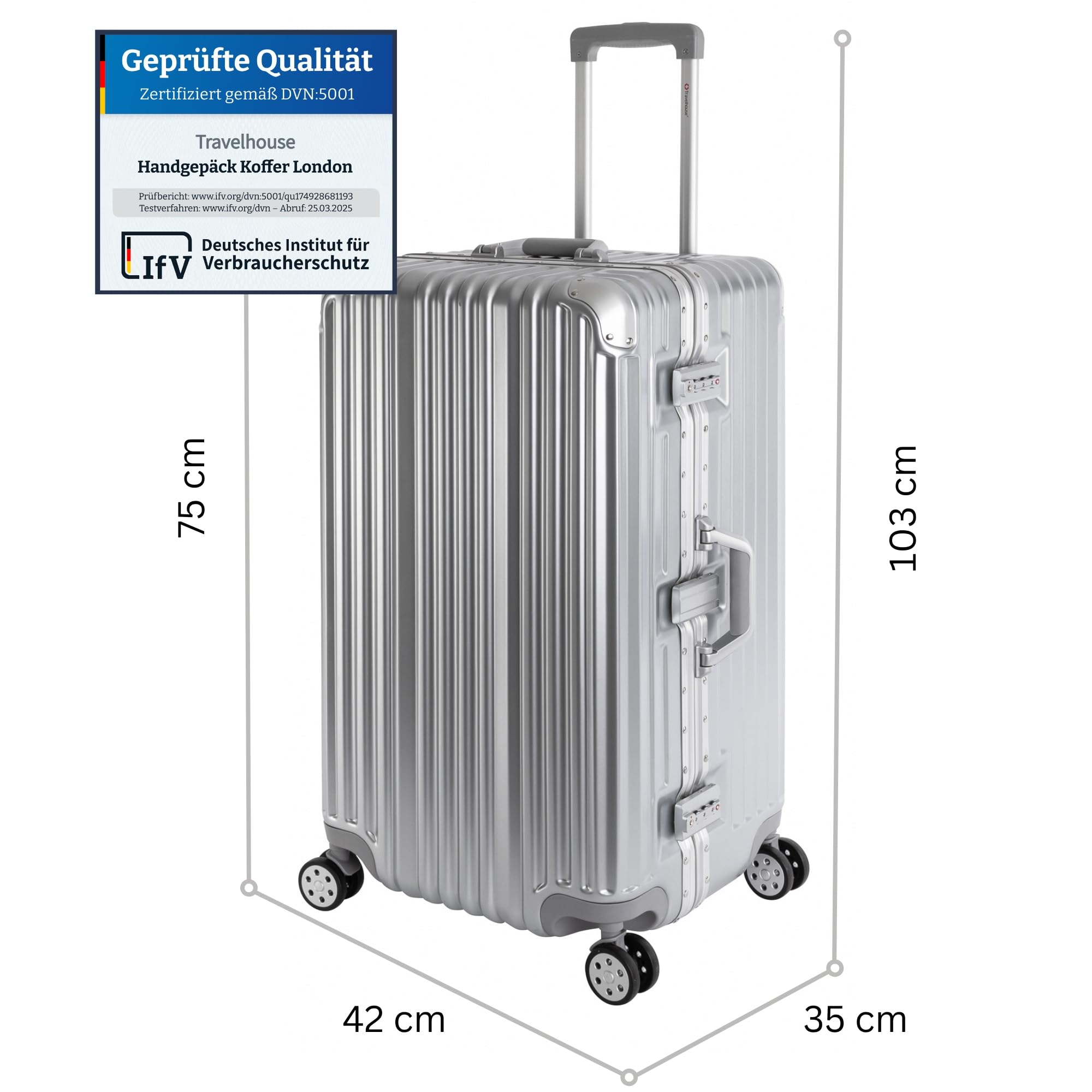 Travelhouse London T1169 walizka podróżna na kółkach, z aluminiową ramą, różne rozmiary i kolory, srebro, Duża walizka XL, walizka