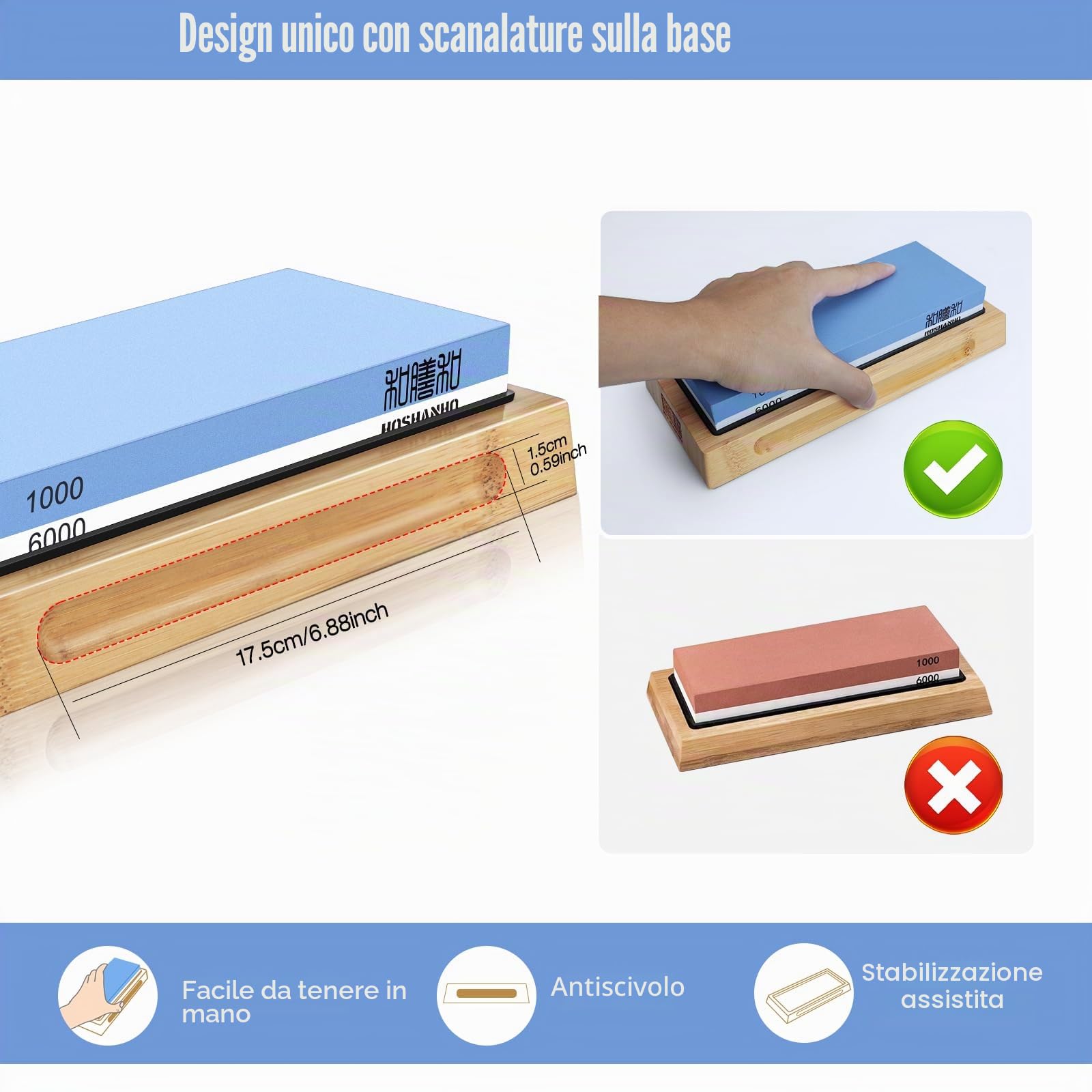 HOSHANHO Pietre per Affilare Grana 1000/6000 - Pietra Affilacoltelli Professionale, 2-in-1 Affilacoltelli Cote, Affila Coltelli con Base in Silicone Antiscivolo e Guida Angolare